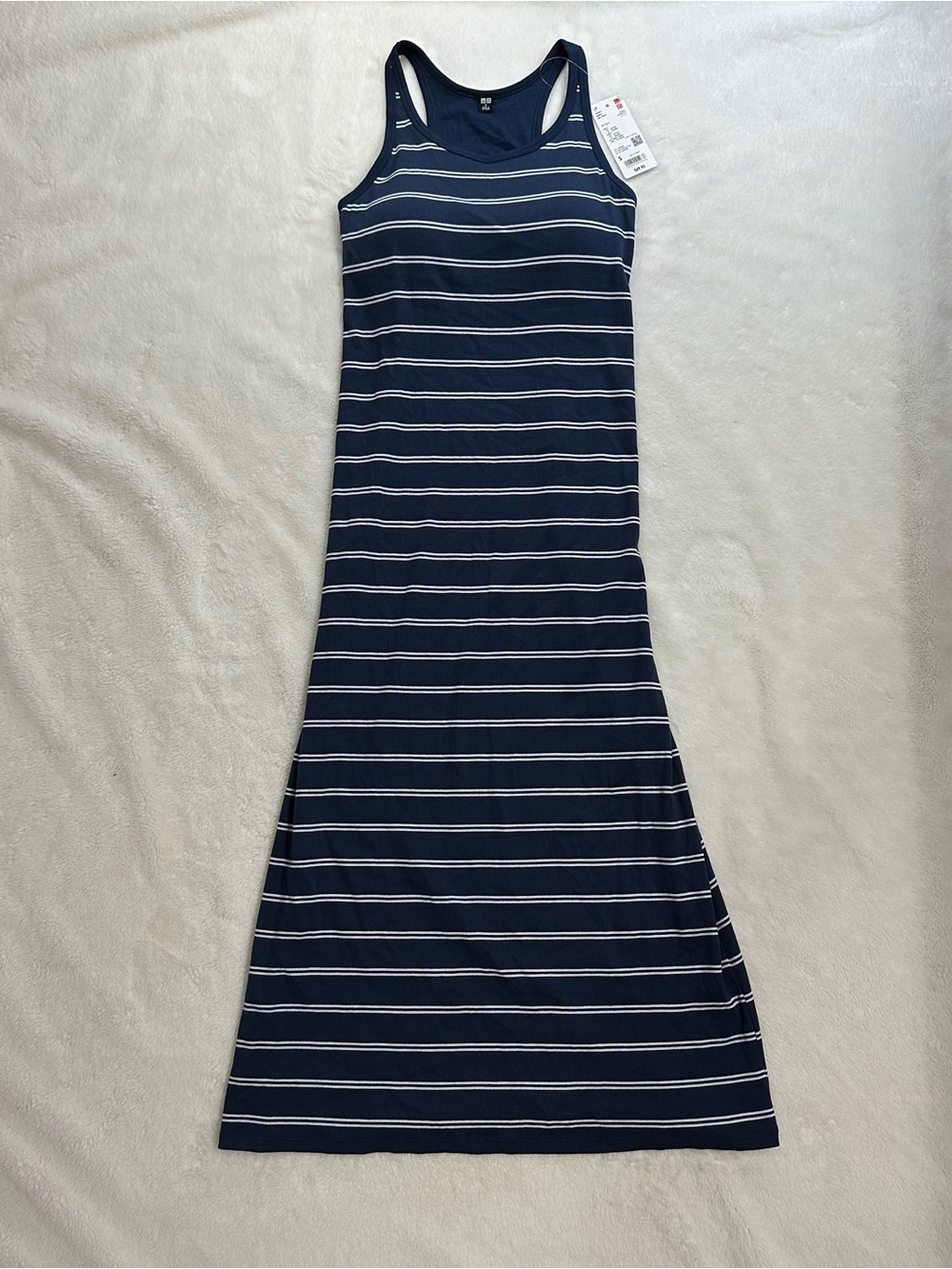 UNIQLO Ribbed Striped Bra Maxi Dress Sleeveless Navy White - Size S NWT